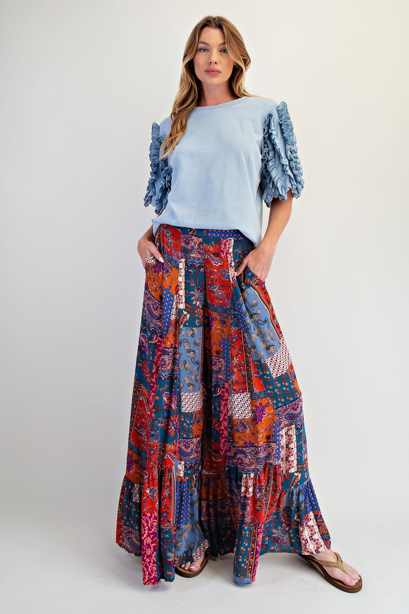 Easel Ruffled Slvs Mineral Washed Top