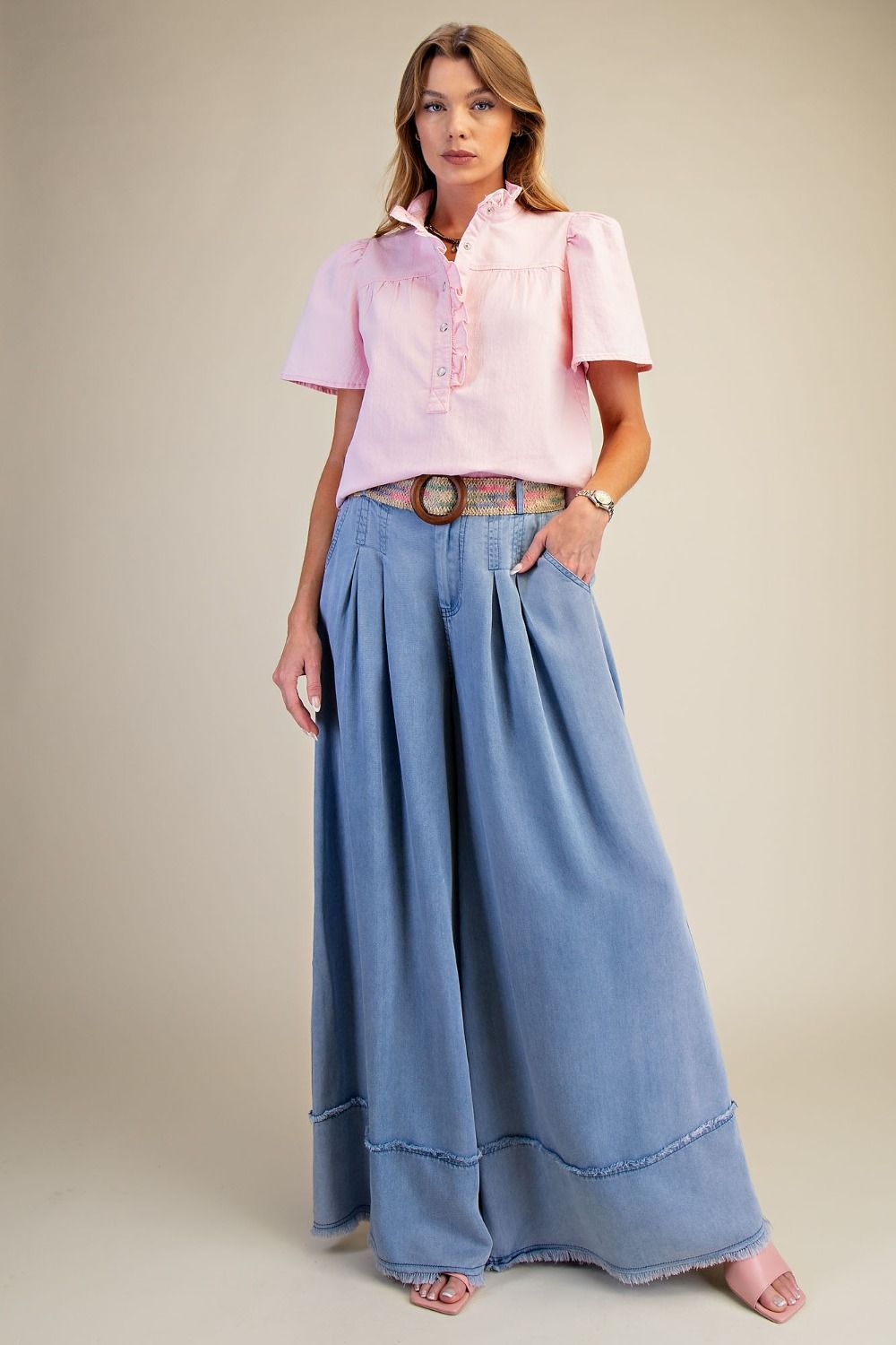 Easel Short Sleeve Washed Top-Cotton Pink