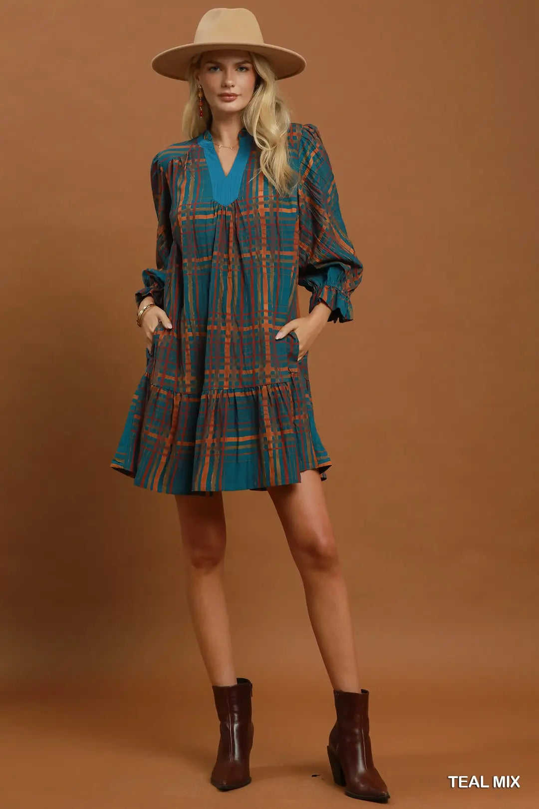 Umgee Mix Plaid Tiered Babydoll Dress-Teal Mix