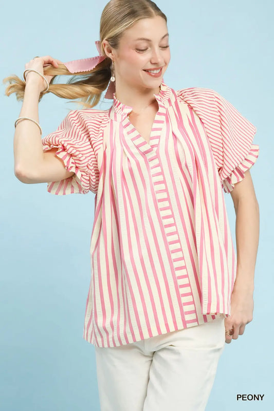 Umgee Striped V-Neck Top-Peony
