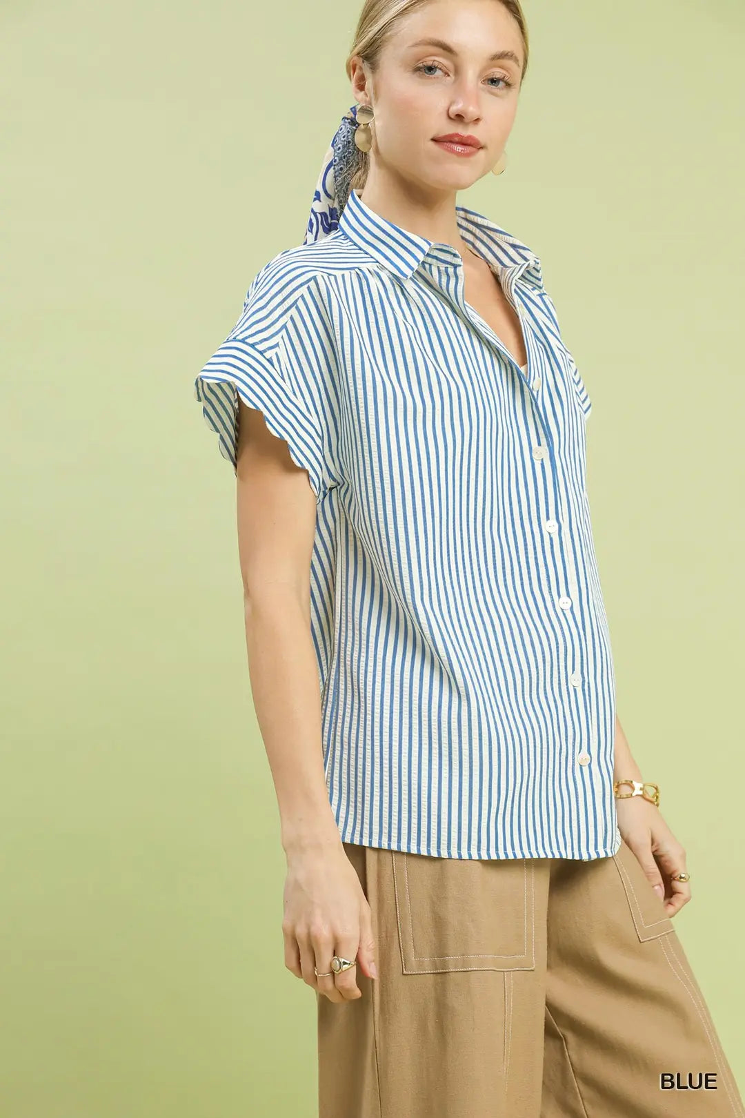Umgee Striped Button-Down Top with Scallop Sleeves