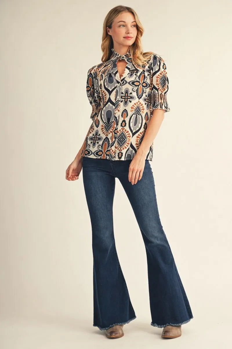 Jodifl Short Puff Sleeves Notched V Neck Boho Print Blouse