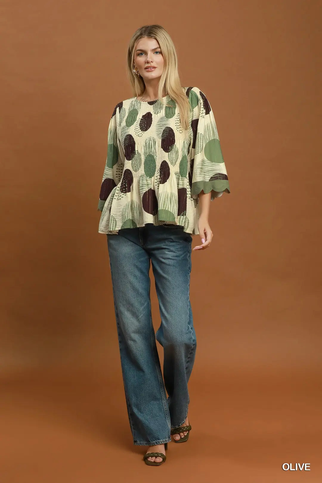 Umgee Abstract Dot Smocked Peplum Top
