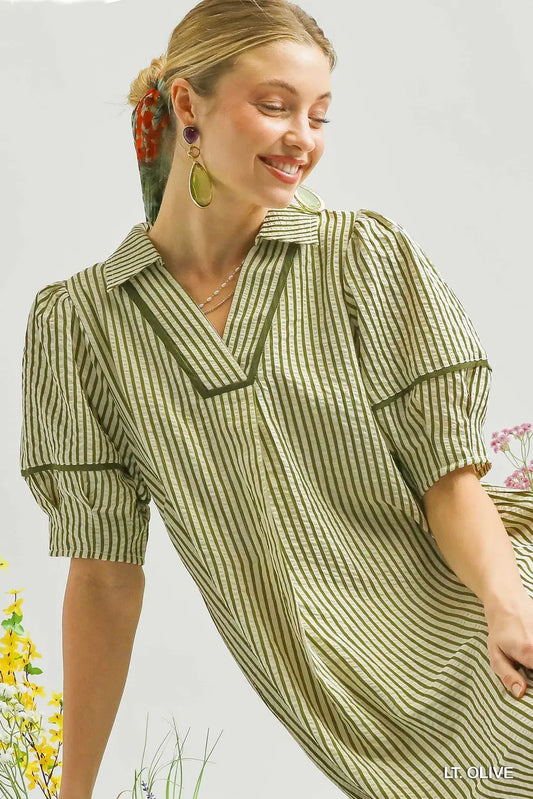 Umgee Striped Midi Dress with Puff Sleeves