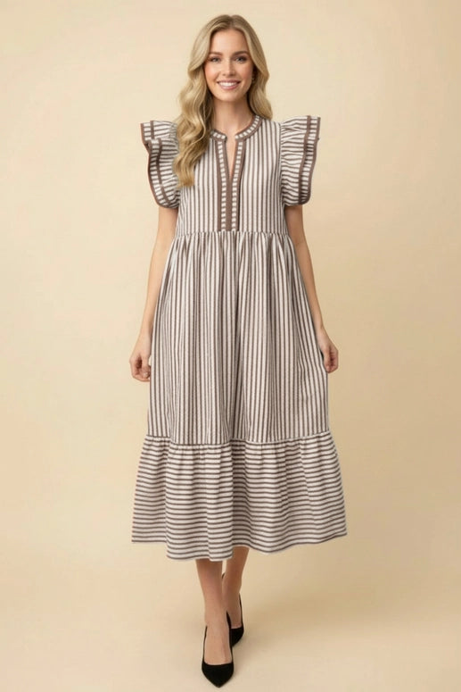 Heimish Vertical Stripe Flutter Sleeve Tiered Midi Dress