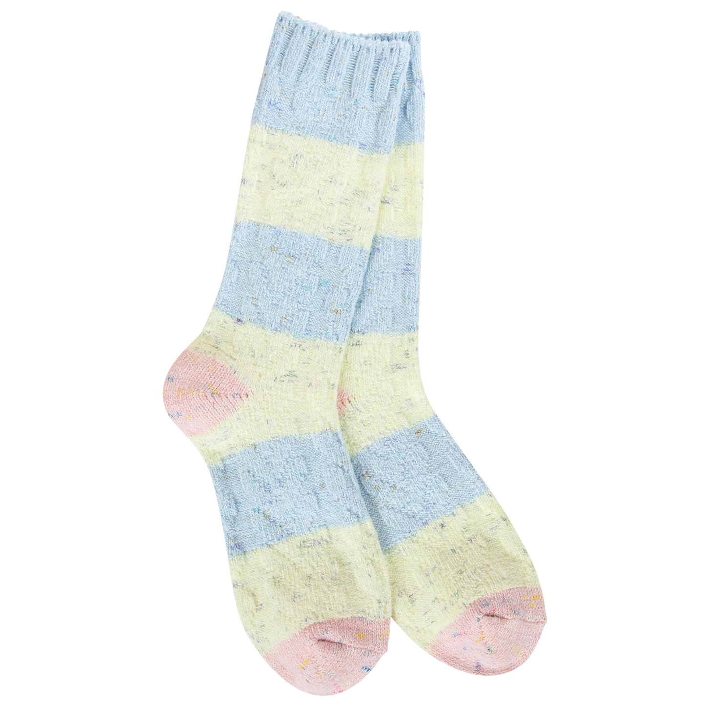 World's Softest Socks Weekend Light Weight Spring Cable Crew-Blue/Yellow/Pink