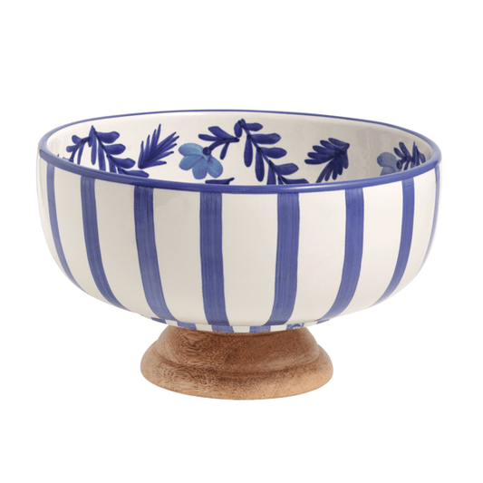 MUD PIE BLUE WOOD PEDESTAL BOWL
