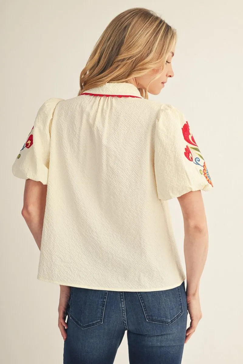 Jodifl Short Puff Sleeves Notched V Neck Solid Top