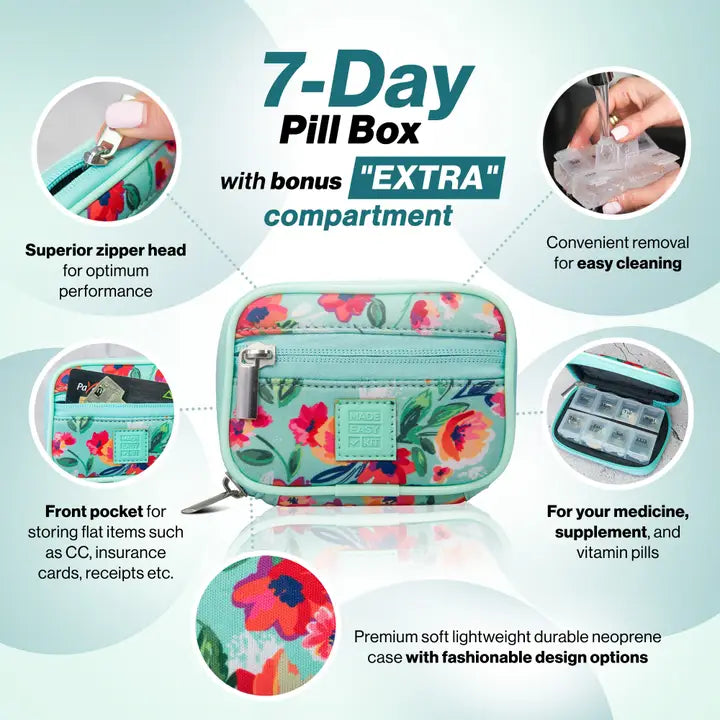 Made Easy Kit Pill Case - Weekly 7-Day Medicine Organizer-Teal Floral