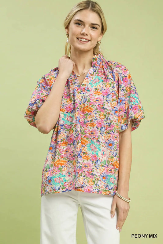 Umgee Mix Floral Short Sleeve Button-Front Top