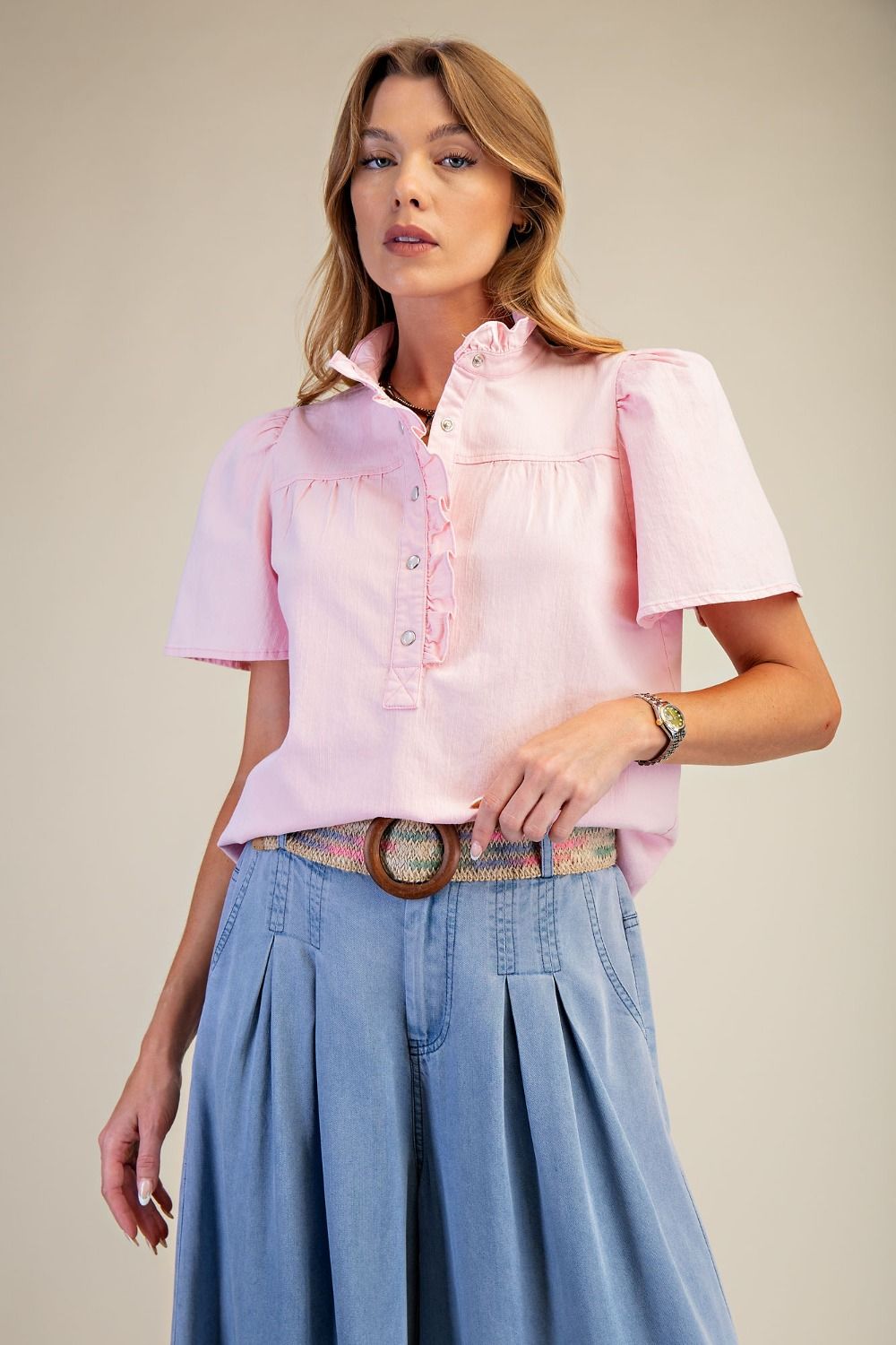 Easel Short Sleeve Washed Top-Cotton Pink