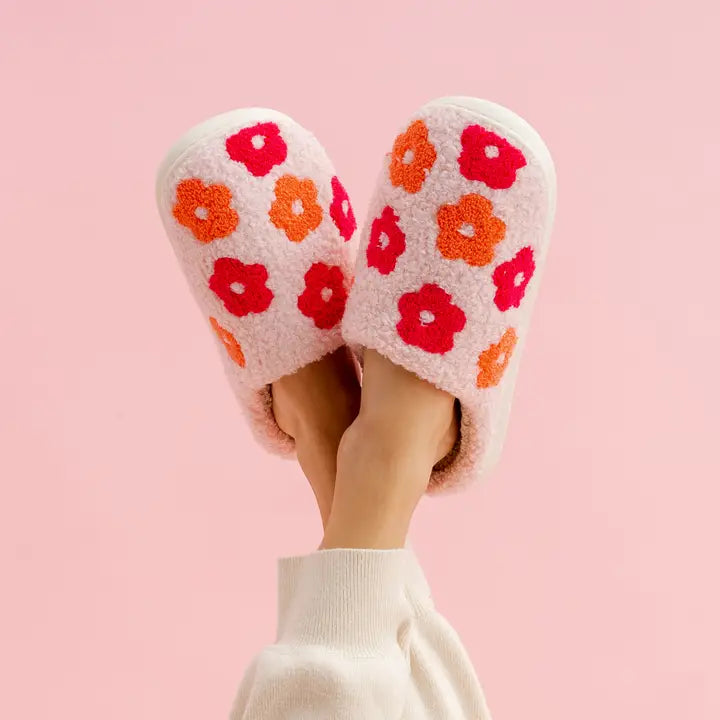 The Darling Effect Fuzzy Slippers - Pink Flower-S/M