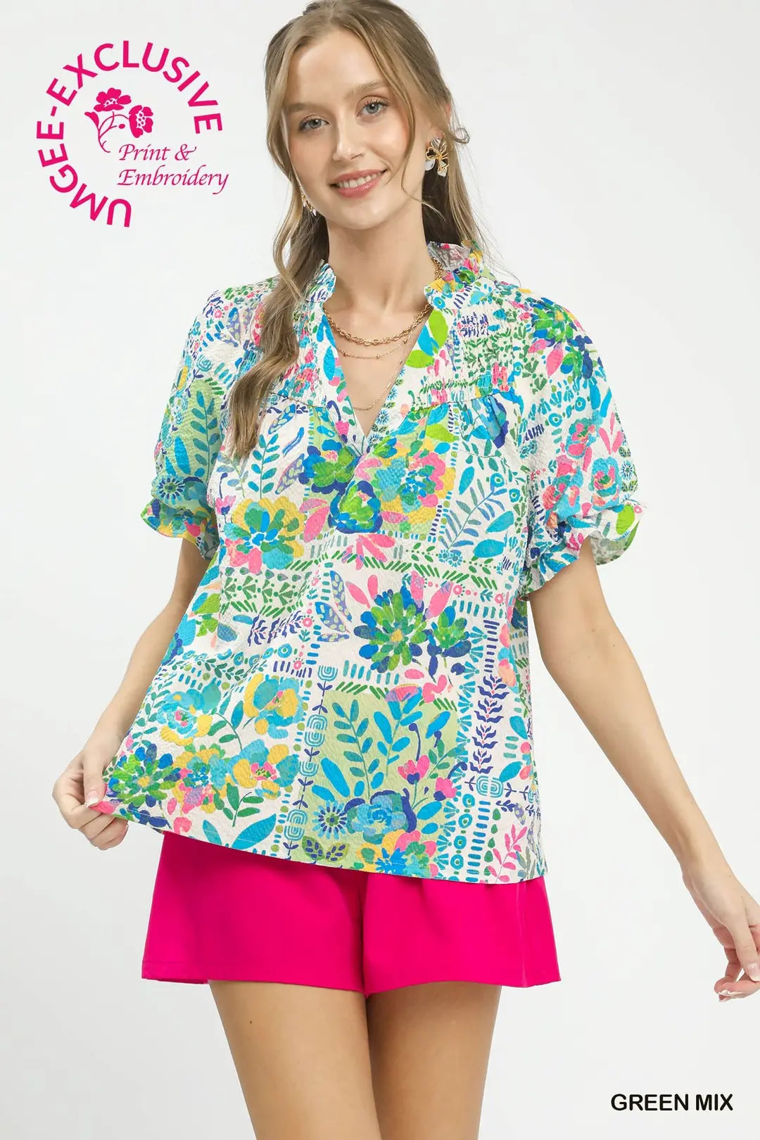 Umgee Botanical Print Flutter Sleeve Blouse