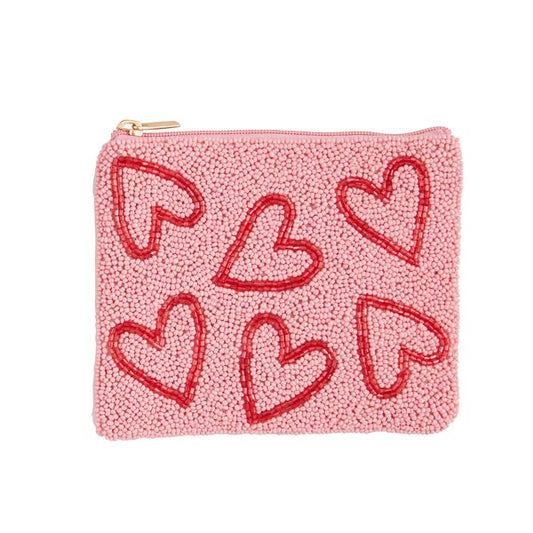 MUD PIE PINK HEARTS BEADED POUCH
