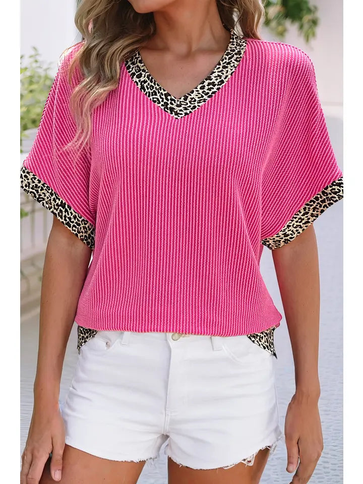 Leopard Patchwork Corded Texture V Neck T Shirt