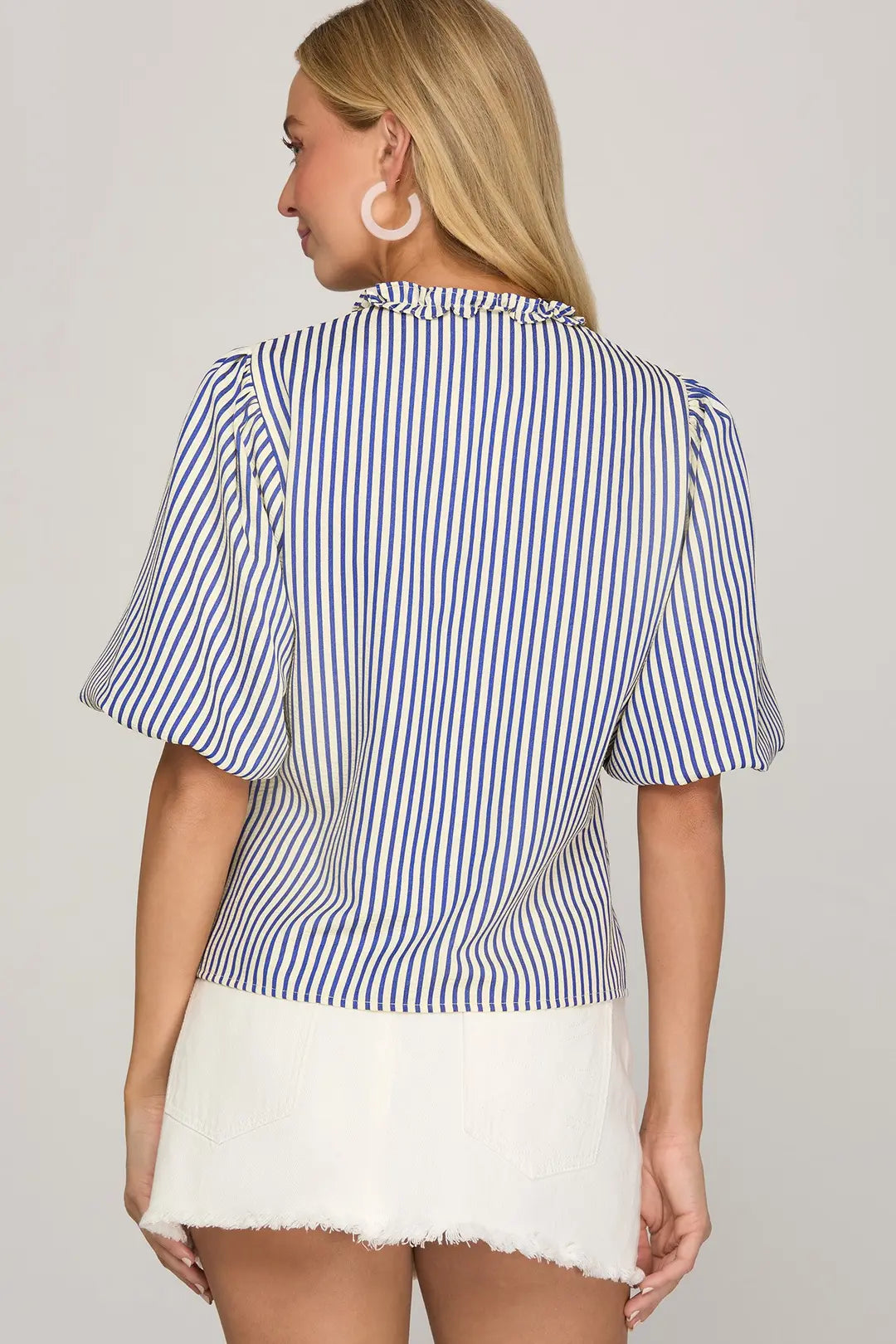 SHE + SKY PUFF SLEEVE RUFFLED FRONT TIE WOVEN STRIPE TOP-NAVY