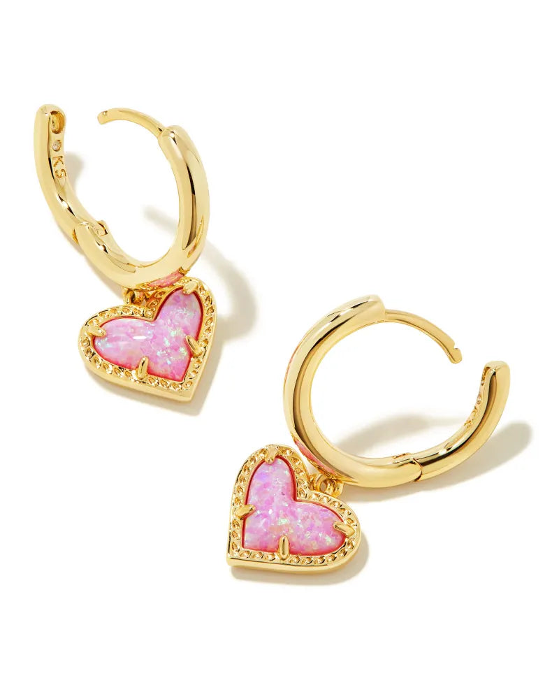 Kendra Scott Ari Heart Gold Huggie Earrings in Bubblegum Pink Kyocera Opal