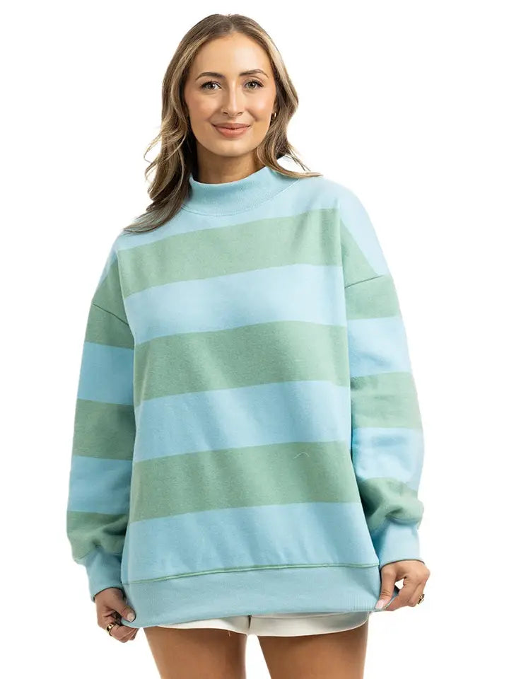 Katydid Aqua and Green Striped Mockneck Sweatshirt Women