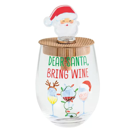 MUD PIE SANTA WINE GLASS & STOPPER SET