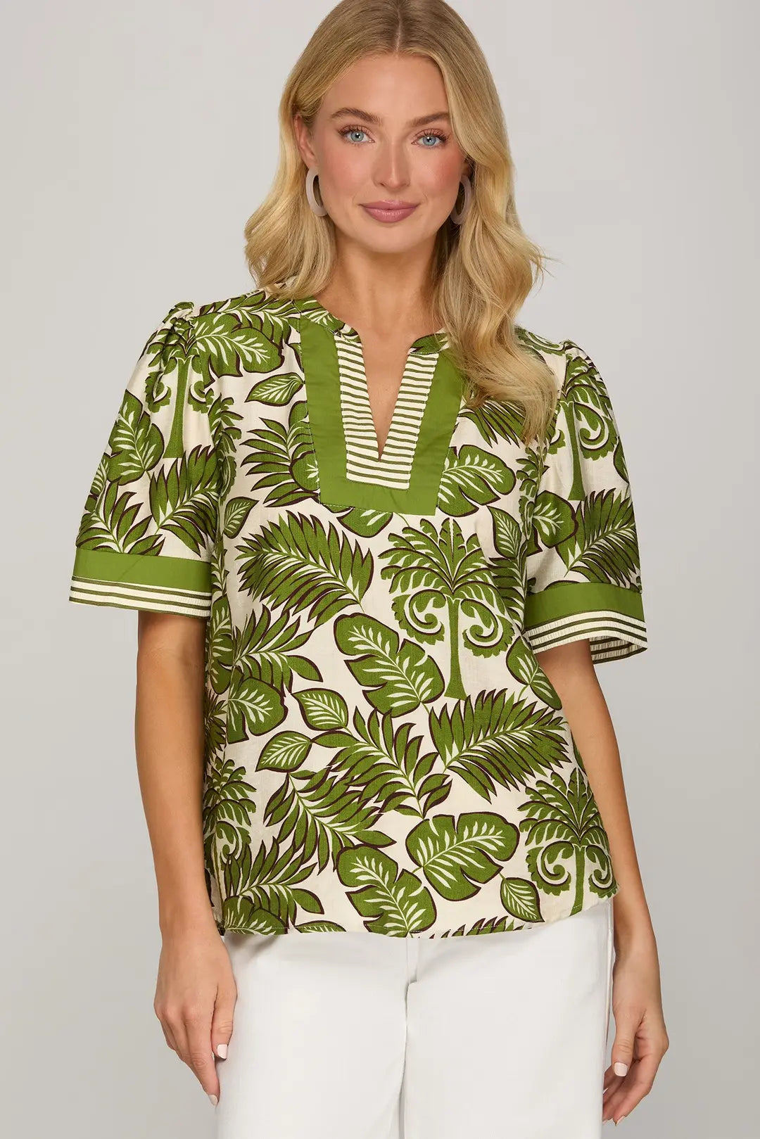 SHE + SKY HALF SLEEVE V NECK WITH CONTRAST DETAIL WOVEN PRINT TOP-GREEN