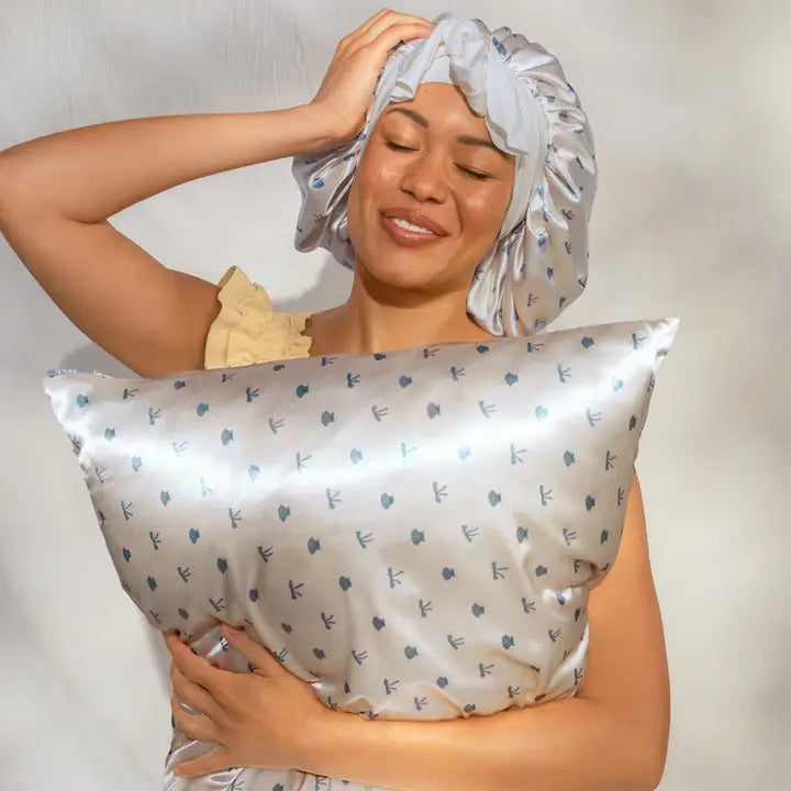 Kitsch Standard Satin Pillowcase - Pearlized Cream & Coastal Blue Print