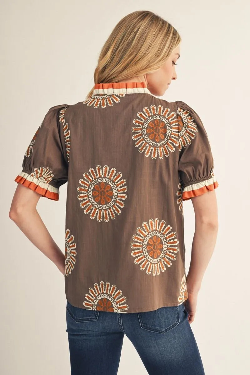 Jodifl Short Puff Sleeves Button Down Embroidered Top-Mocha