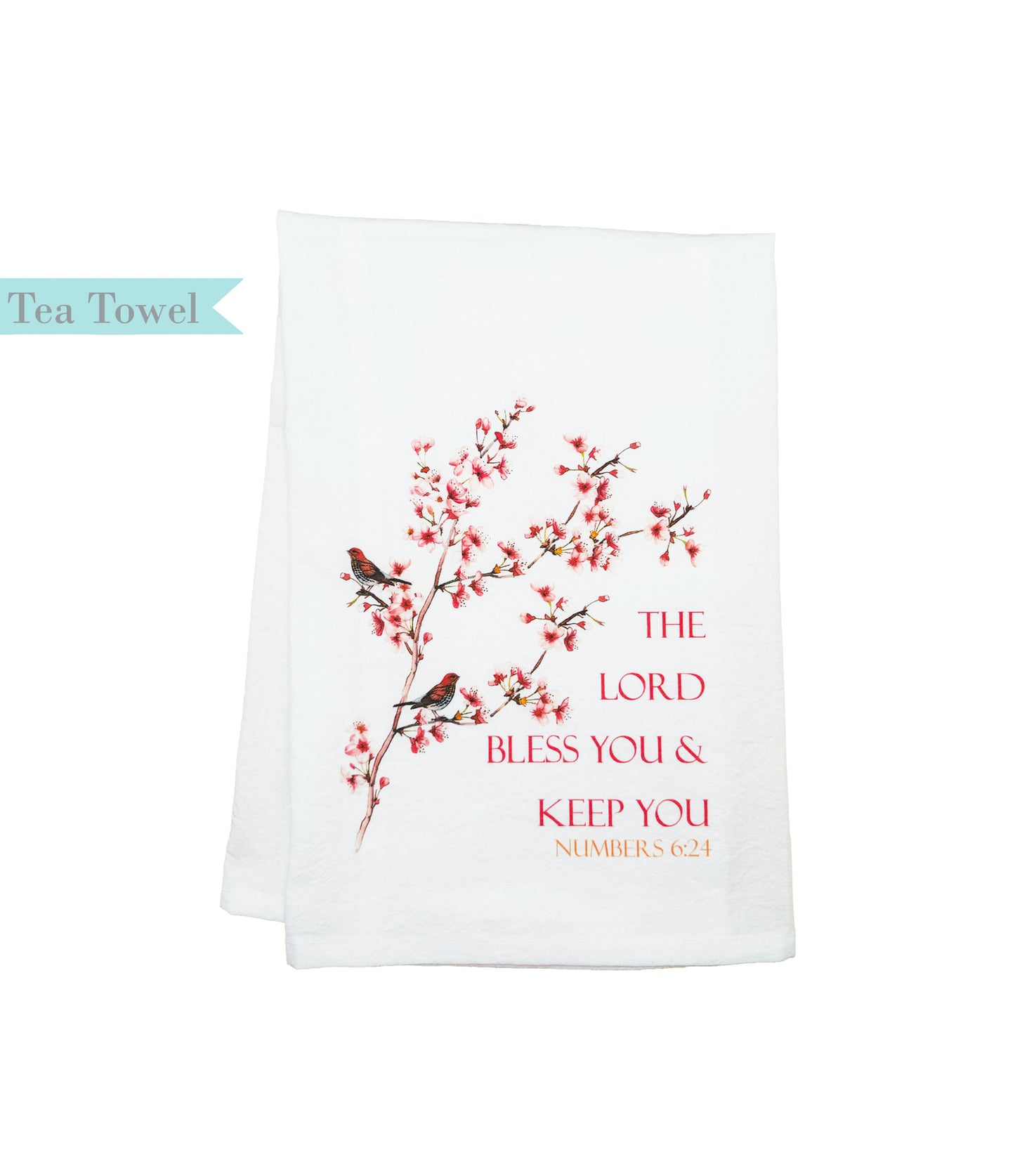 Standing on the Word Tea Towel Birds & Cherry Blossoms with verse: Numbers 6:24 Lord bless you