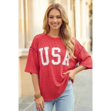 Half Sleeve Loose Ribbed USA Graphic Top