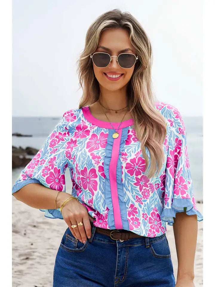Floral Printed Lace Decorative Shorts Sleeve Top-Rose