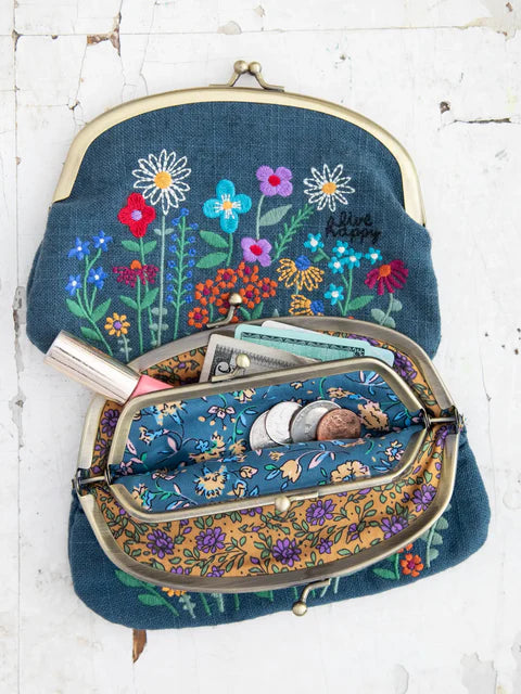 Natural Life Embroidered Kisslock Coin Purse-Washed Navy