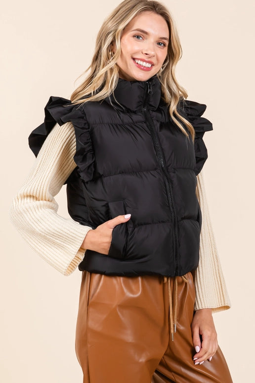 GeeGee Ruffled Sleeve Puffer Vest-Black