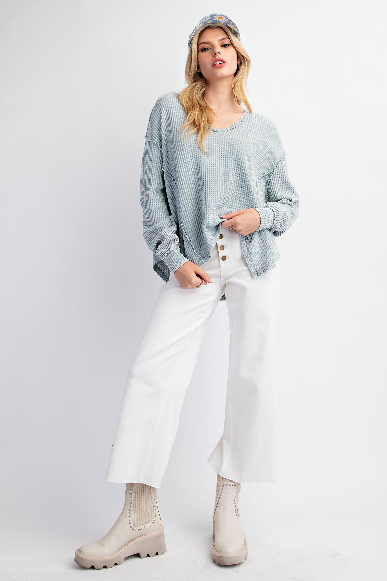 Easel Thermal Knit Washed Pullover Top