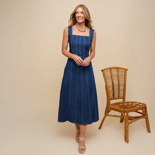 Elsie & Zoey Midi Dress Elle Sleeveless Stretch Denim Square Neck