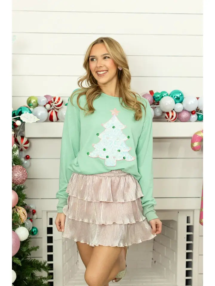 Grace + Emma Sequin Tree Patch On Mint Sweatshirt