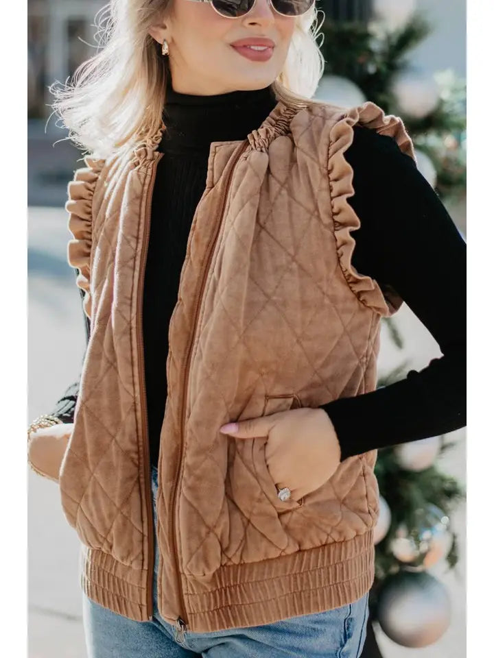 Katydid Garment Washed Quilted Ruffle Sleeve Vest