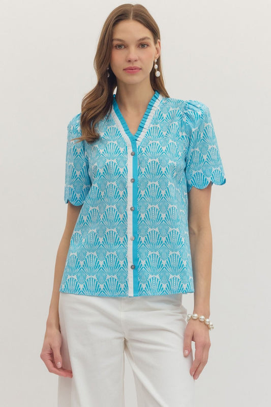 Entro Geometric Print Pleated Band V-Neck Short Sleeve Top