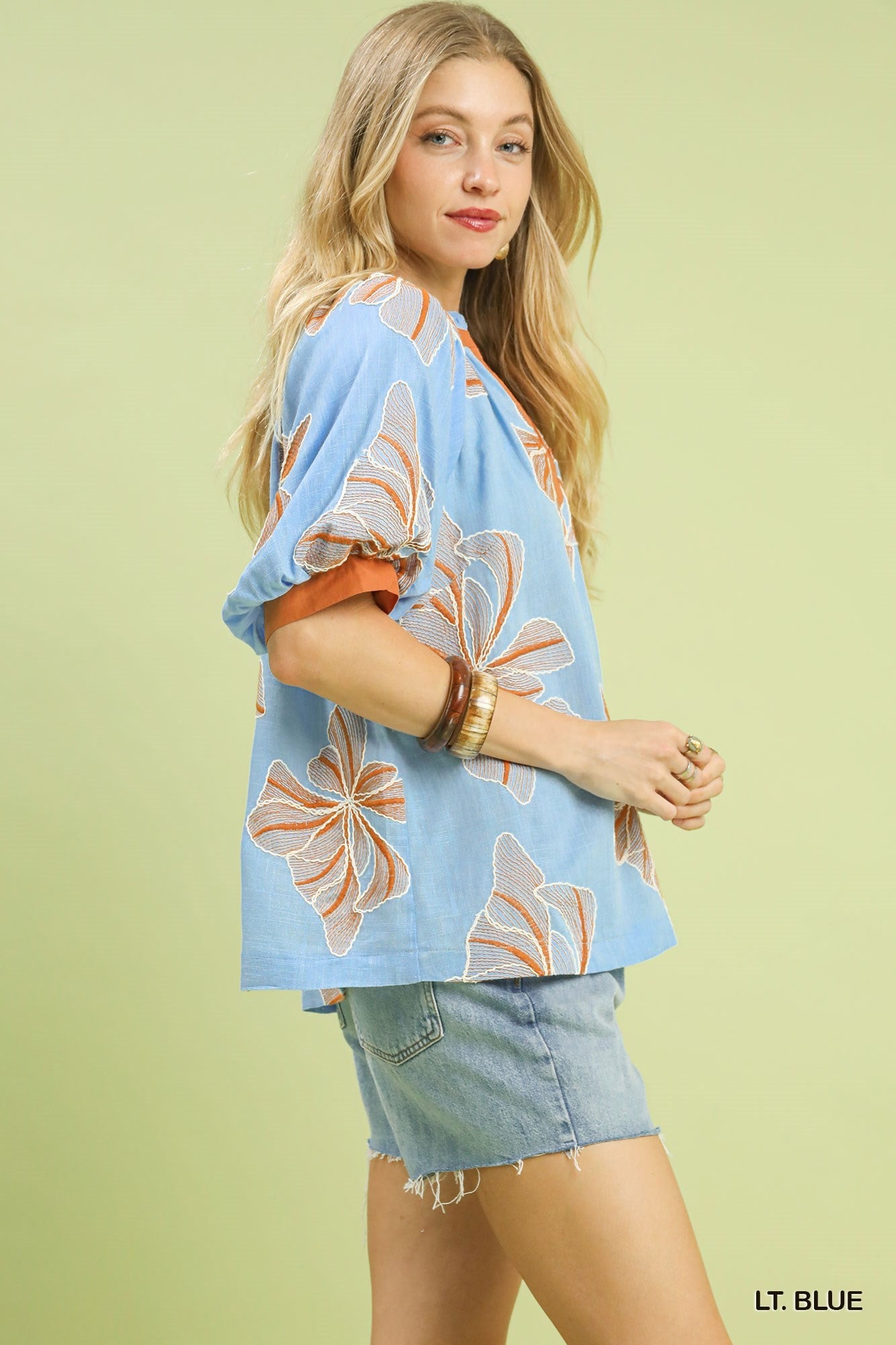 Umgee Embroidered V-neck Top-Lt. Blue