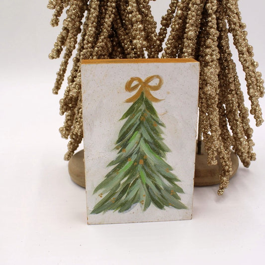 Trade Cie Handpainted Glittered Solid MDF Table Sign, Tree with Gold Bow