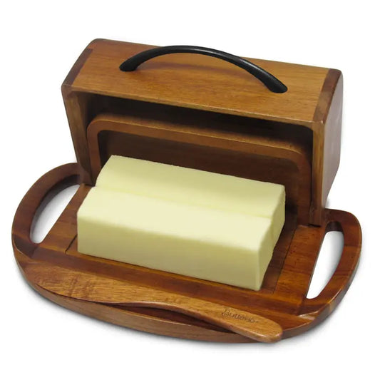 Butterie Acacia Wood Flip-Top Butter Dish w/ Spreader - Black Handle