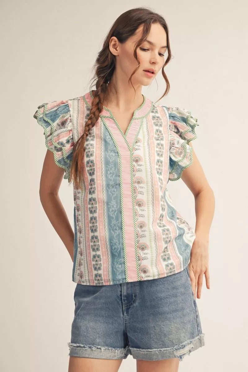 Jodifl Layered ruffle cap sleeves boho floral top-Mauve/Pink