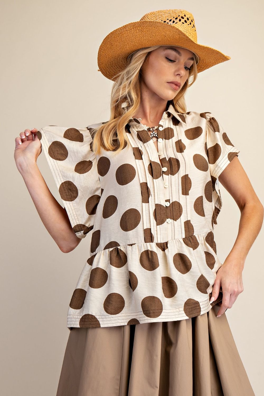 EASEL POLKA DOTS BUTTON DOWN RUFFLE TOP-KHAKI