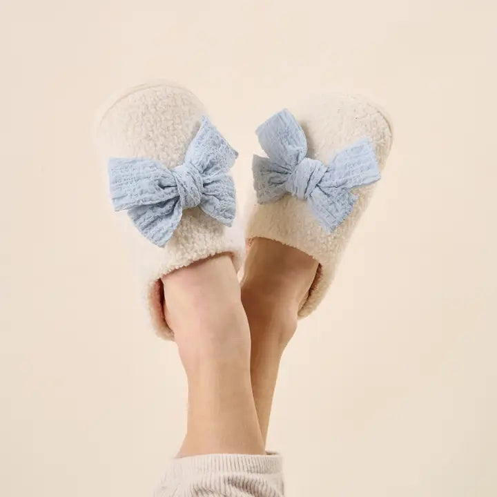 The Darling Effect Fuzzy Slippers-Betty Bow Light Blue