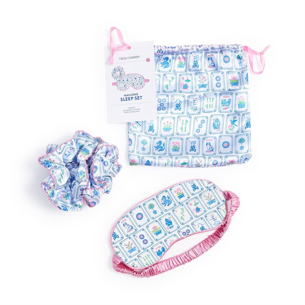 Two's Company Pagoda Party Mahjong Sleep Mask and Ruffle Scrunchie Set with Matching Drawstring Gift Bag