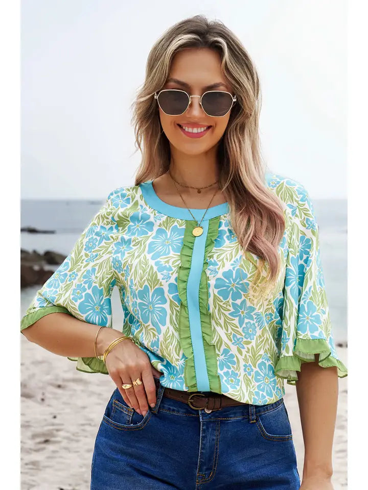 Floral Printed Lace Decorative Shorts Sleeve Top