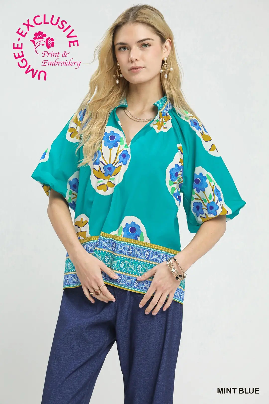 Umgee Boho-Chic Floral Print Blouse-Mint Blue