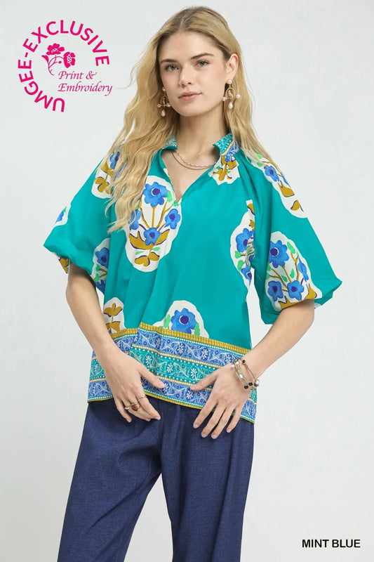 Umgee Boho-Chic Floral Print Blouse-Mint Blue