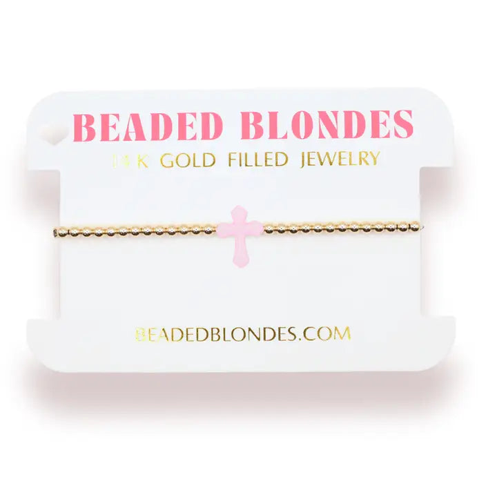 Beaded Blondes Pink Cross Bracelet On Gold