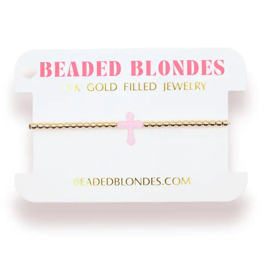 Beaded Blondes Pink Cross Bracelet On Gold