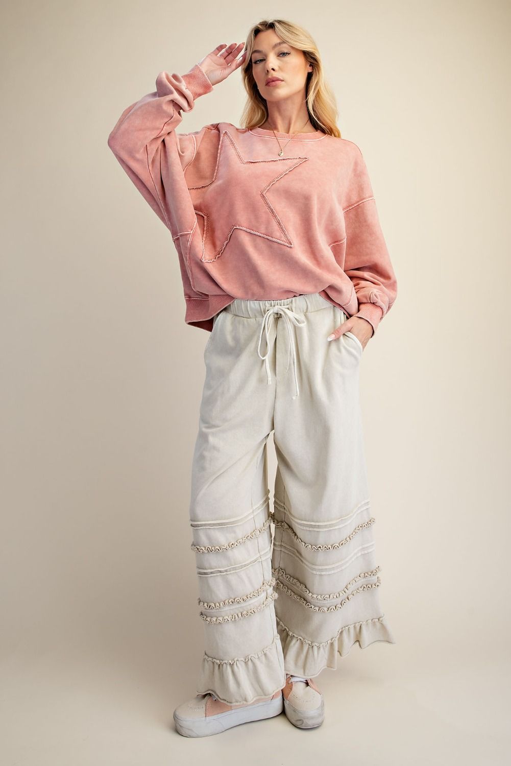 EASEL WASHED TERRY TIERED RUFFLED WIDE LEG PANTS