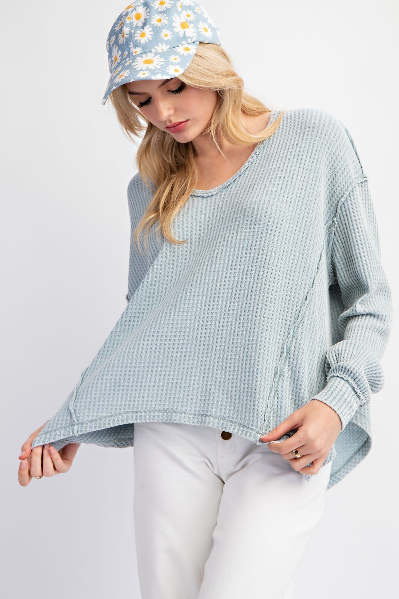 Easel Thermal Knit Washed Pullover Top